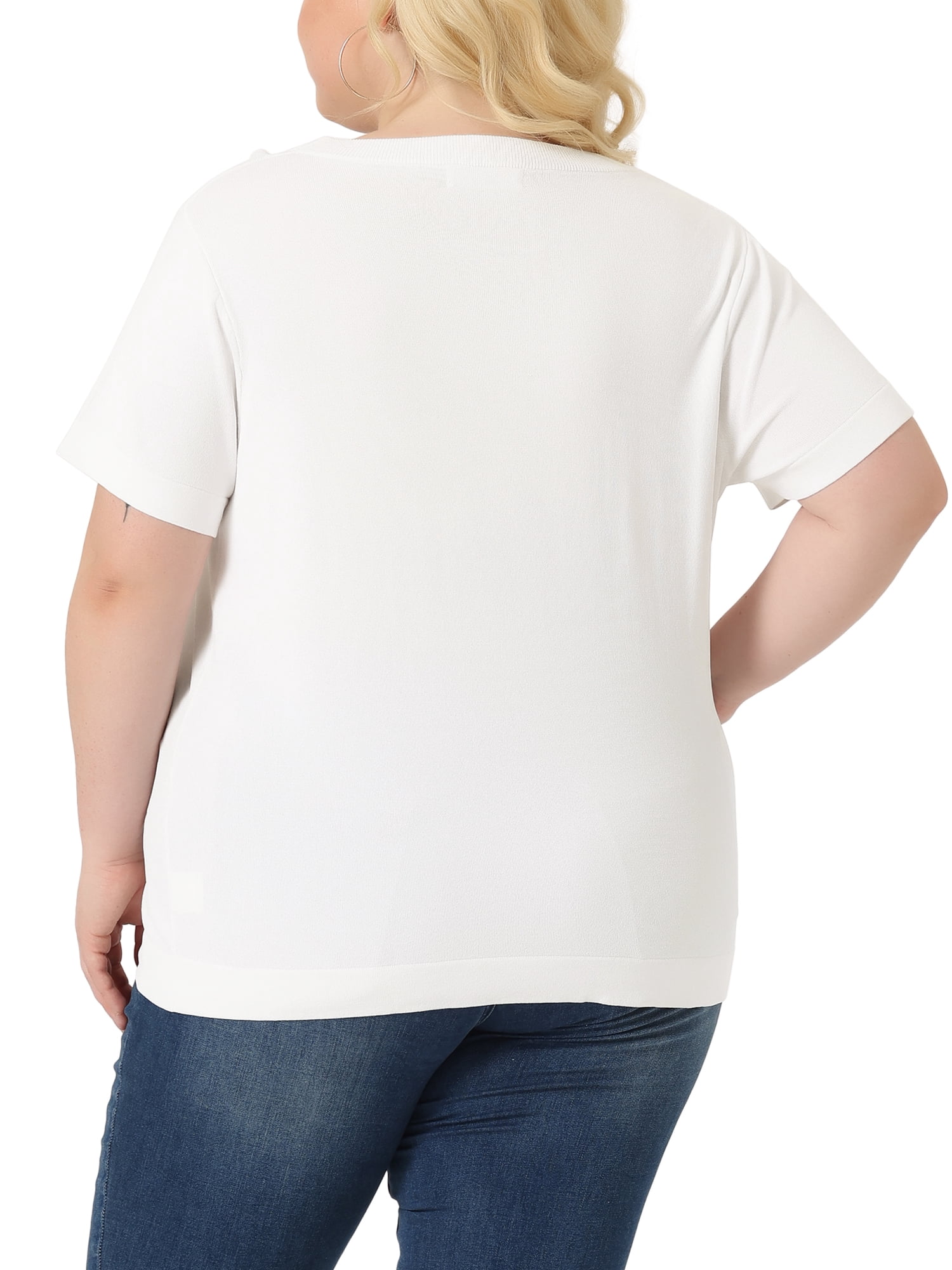 Unique Bargains Women Plus Size Tops Basic Round Neck Short Sleeve Knit Tee Blouses 1X White