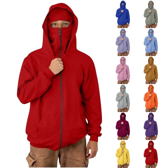 Txeol Mens Balaclava Hoodie with Mask Long Sleeve Zip Up Hoodies Windproof Fleece Lined Double Hood Sweatshirt with Pockets,Orange,L