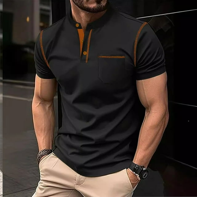 Haut/chemise Patchwork à Manches Courtes Col Montant pour Hommes