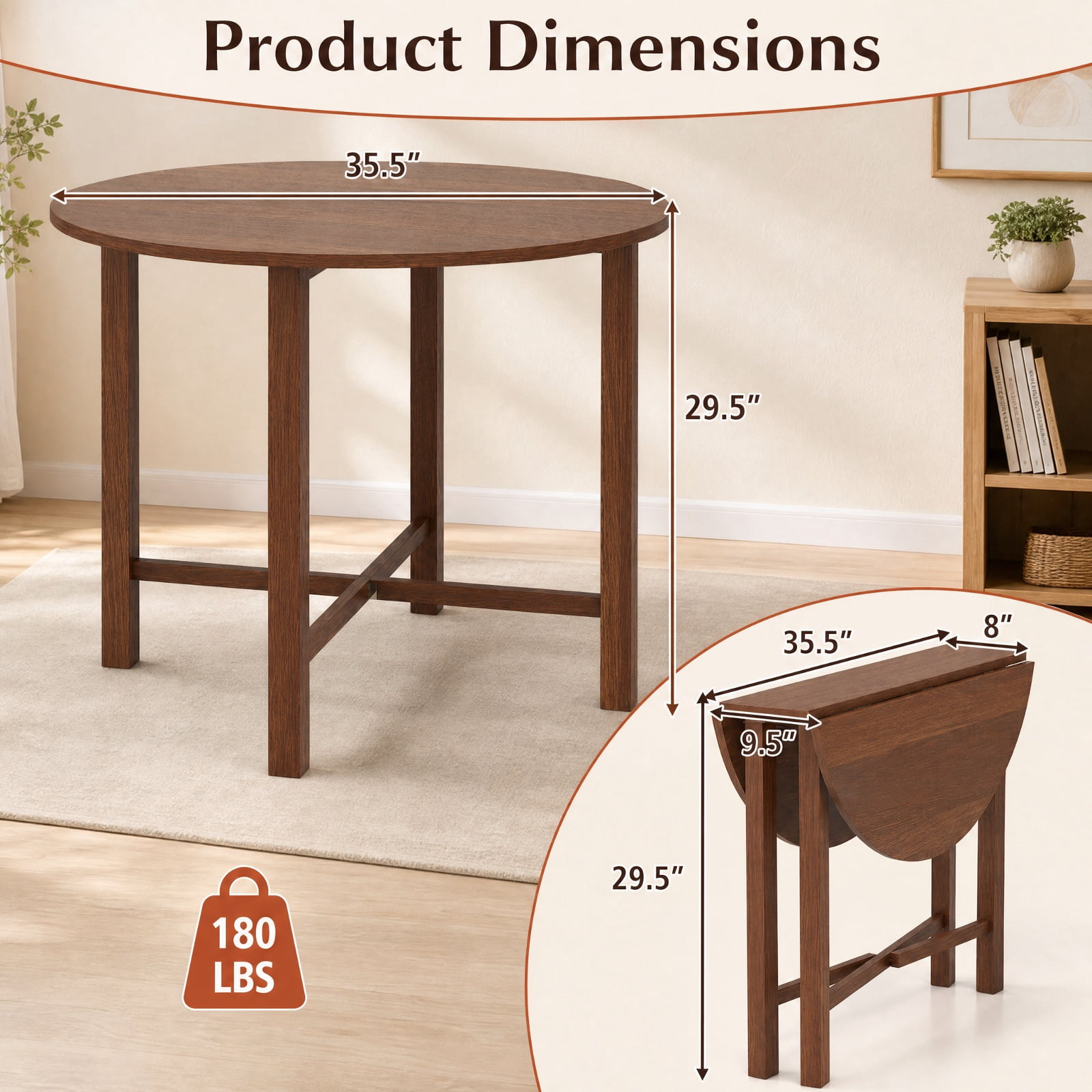 Furnibear Dual Drop Leaf Dining Table for Small Spaces with Solid Rubber Wood Frame and Folding Design for Kitchen, Walnut