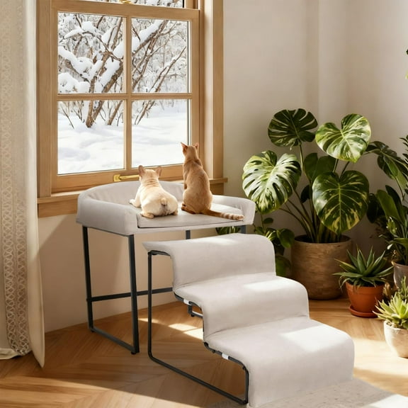 Dog Window Perch with Stairs, Pet Stairs Ramp with Seat, Dog Perch to Look Out Window with Ramp, Lounge Elevated Dogs Bed, Small Pet Step, Multi-Level Platform with Foam Upholstery