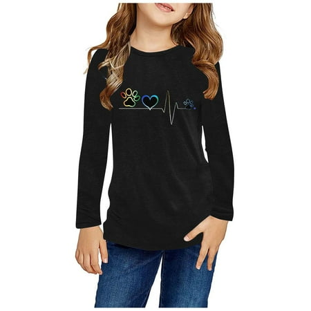 

ATOGUTA Cute Shirts for Teens Casual Crew Neck Tops Fall Winter Blouses Black Size 3T-14