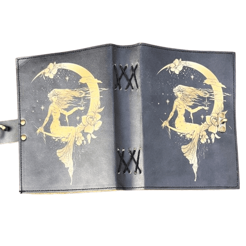 Handmade Leather Journal with Vintage Deckle Paper – 5x7 Inch Fairy & Moon Embossed Notebook, 200 Pages