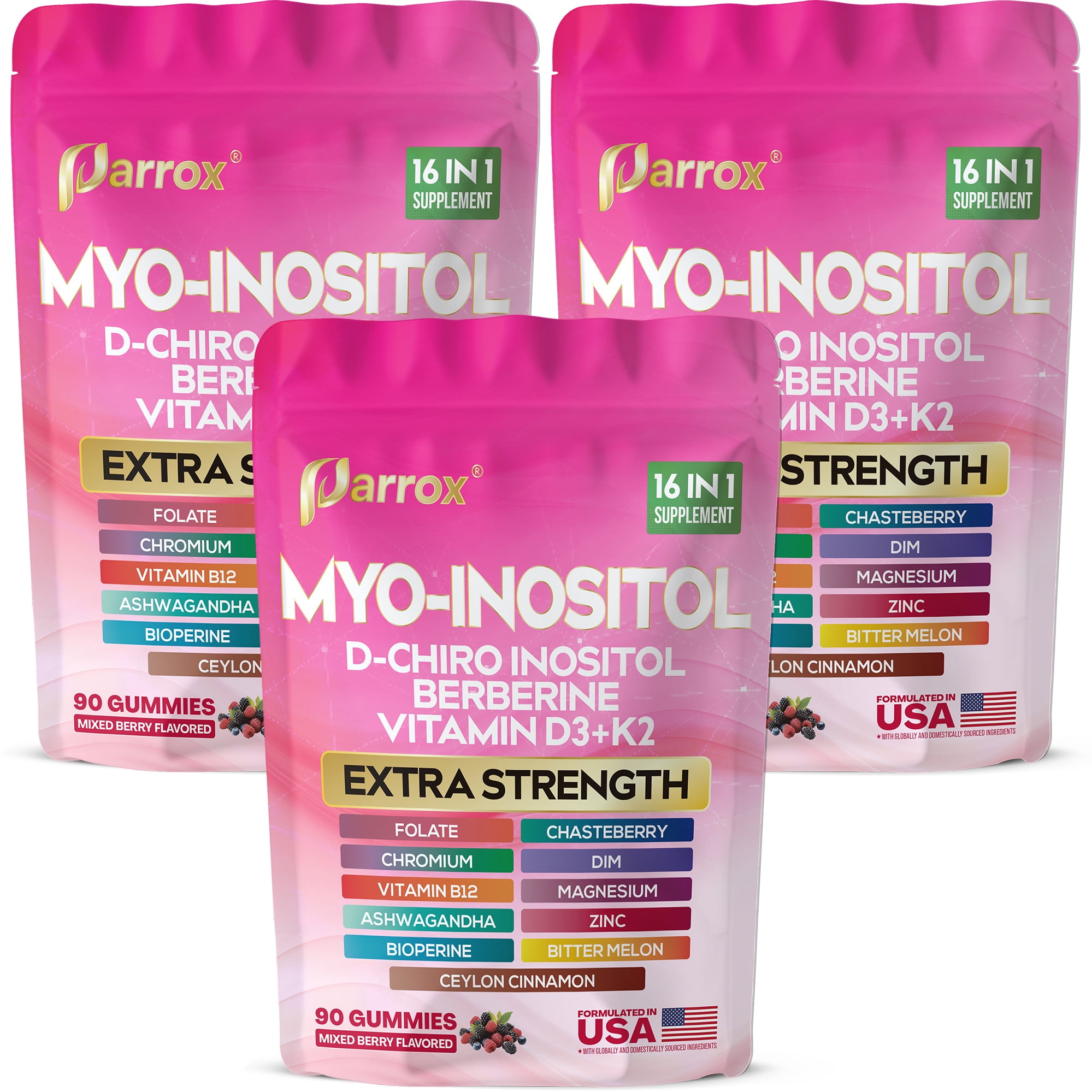 Parrox Myo-Inositol & D-Chiro Inositol Gummies with Berberine, Vitamins D3+K2, B12, Folate, Zinc, Magnesium, Ashwagandha, Chasteberry, Bioperine, DIM - 16 in 1 Supplement - 90 Gummies (3 Pack)