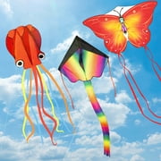 Crogift 3-Pack Large Kites Set - Delta, Devil Fish, Octopus Designs - For Kids & Adults Outdoor Fun