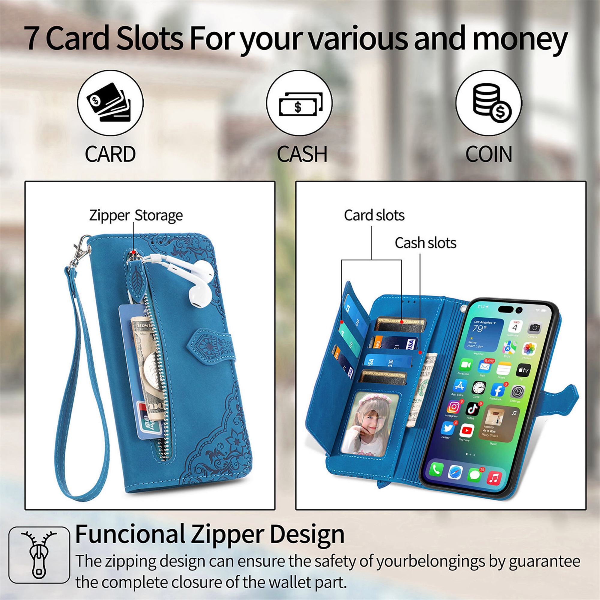 Decase iPhone 13 Wallet Case with Wristlet Strap, Blue photo 2
