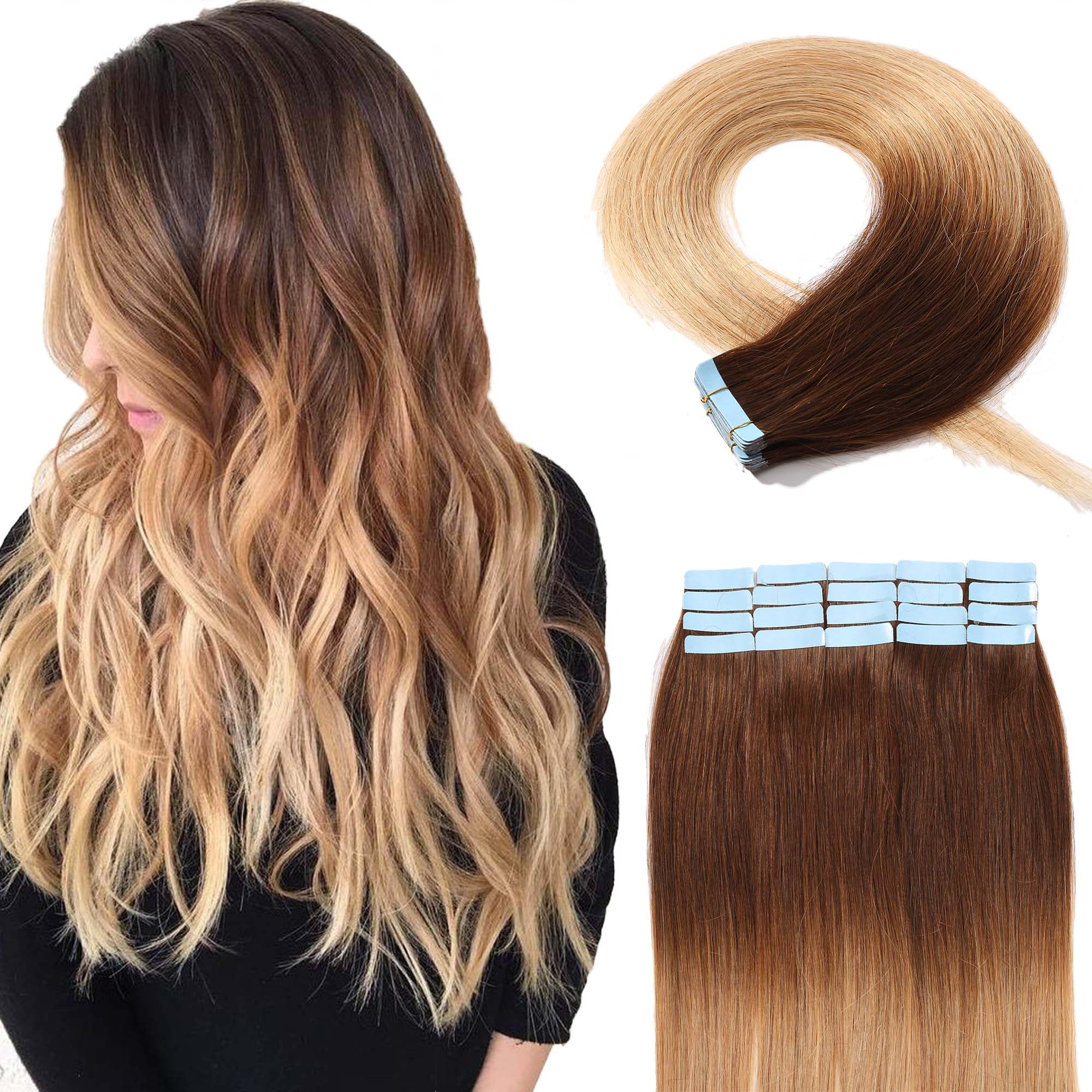 S-noilite Hair Human Hair Tape in Hair Extensions Brazilian Virgin Hair  Silky Straight Weave Full Head 20pcs Medium Brown Ombre Dark Blonde ,18  