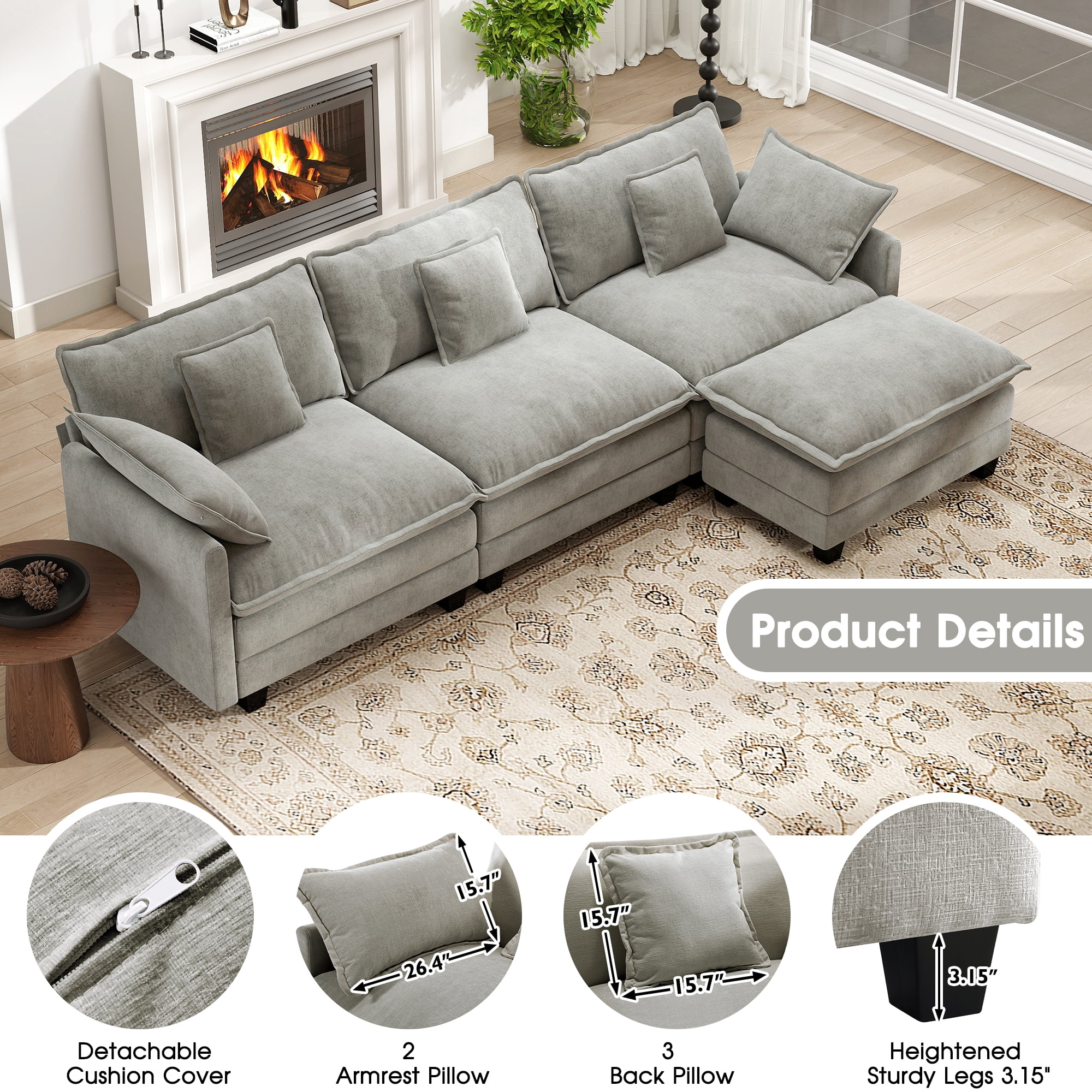 BedLuxury 111.5'' Modular Sectional Sofa with Movable Ottoman, L Shaped Cloud Couch for Living Room, 3-Seat, Grey