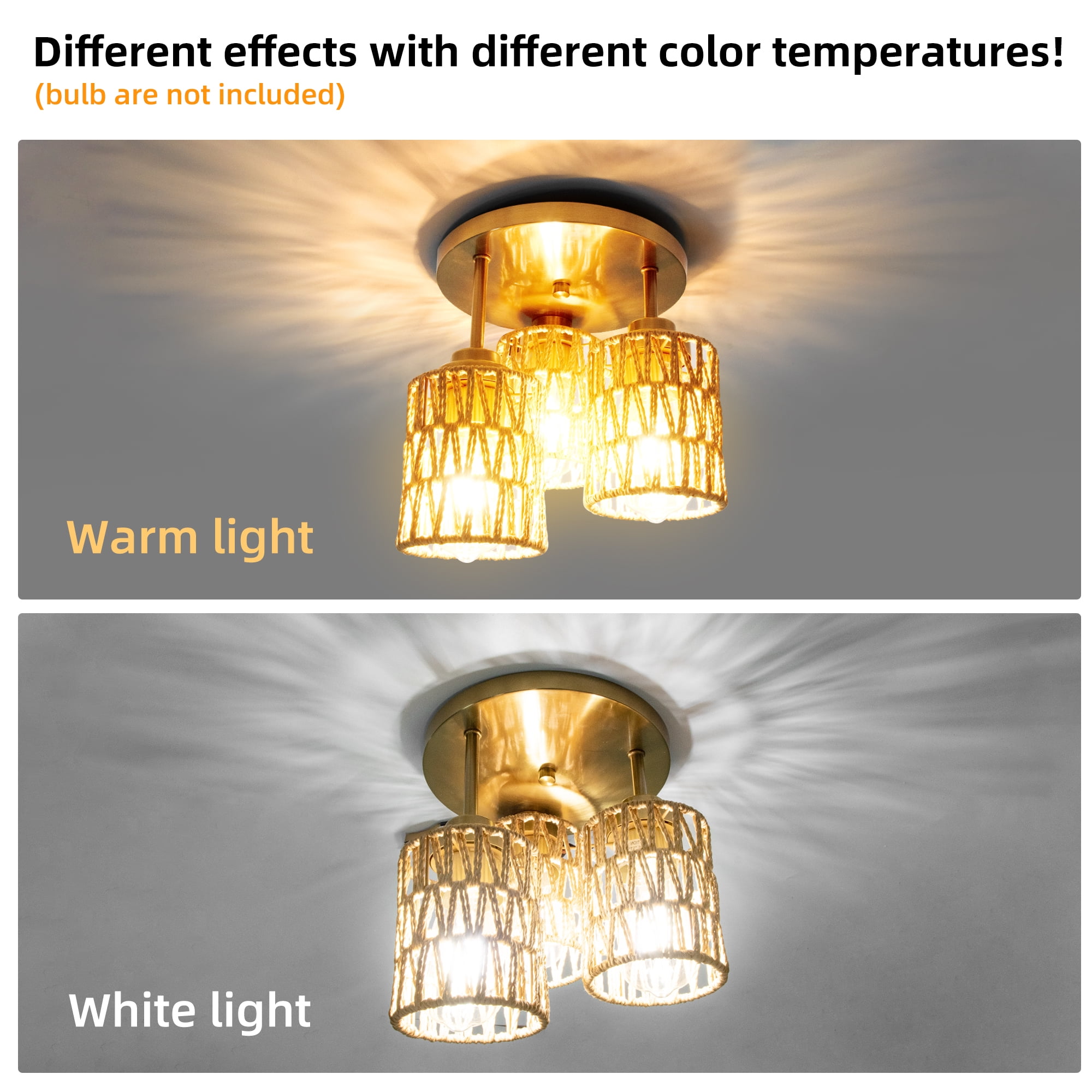 Hlite Boho Flush Mount Ceiling Light with Hand Woven Rattan Shades,3-Light Rustic Ceiling Light for Hallway Kitchen Living Room,Bulb Not Included,1 Set