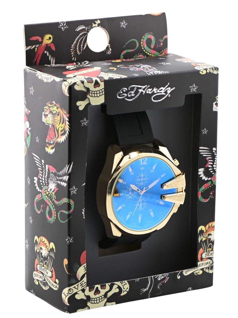 Ed Hardy Men's Black Silicone Strap Gold Analogue 61mm Watch with
