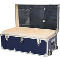 Rhino Trunk & Case Large Essential Summer Camp Trunk with Wheels, Tray & Lid Organizer, Camping Footlocker Storage Chest, Strong 1000  Pound Sitting Capacity Campers Trunks 32"x18"x14" (Navy Blue)