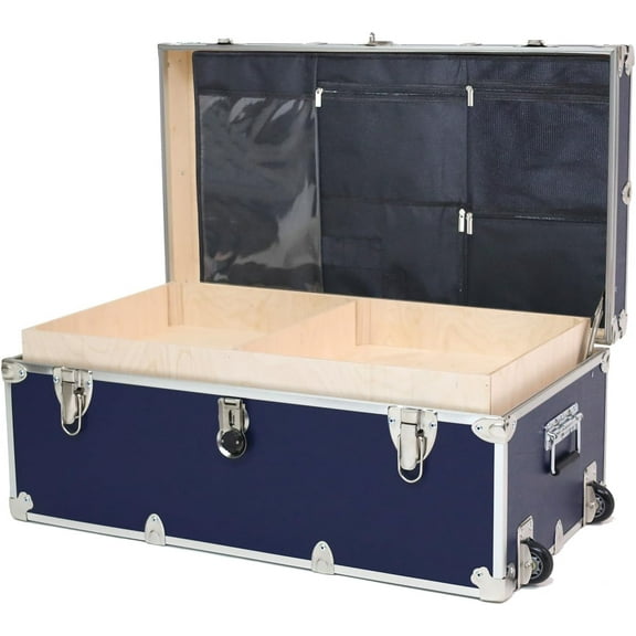 Rhino Trunk & Case Large Essential Summer Camp Trunk with Wheels, Tray & Lid Organizer, Camping Footlocker Storage Chest, Strong 1000  Pound Sitting Capacity Campers Trunks 32"x18"x14" (Navy Blue)