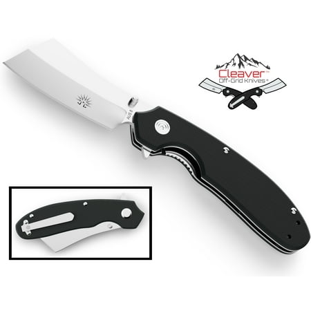 OFF-GRID KNIVES - Original Cleaver Flipper Knife (OG-950)  - Spring Assisted, Cryo Japanese AUS-8 Blade, G10 Handle, Tip-Up Left or Right Hand Deep Pocket