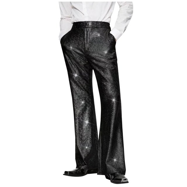 VSSSJ Men's Shiny Wide Leg Party Pants Mid Rise Performance Trousers Stage Show Formal Lounge Relaxed Fit Long Pants with Pocket Black L