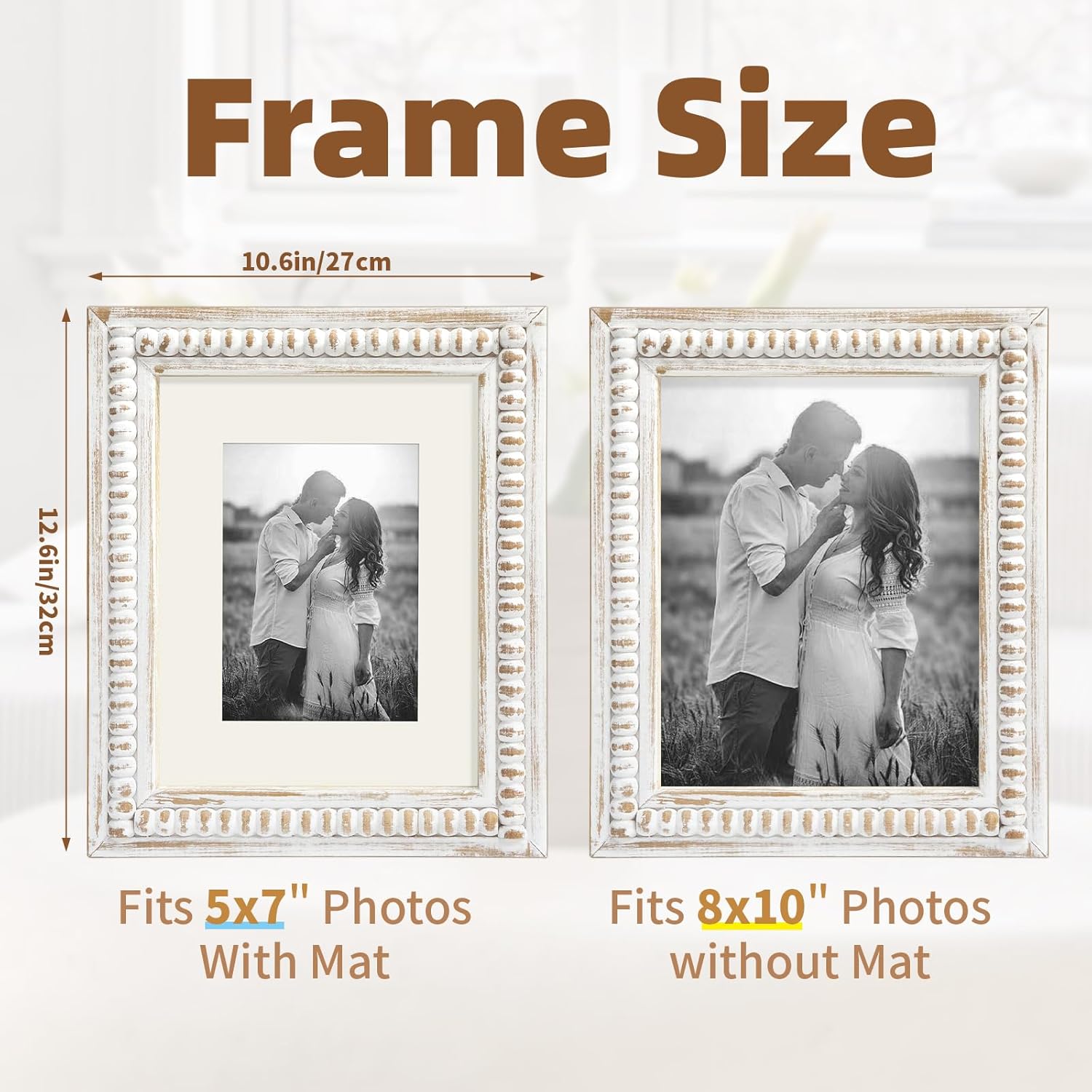 MODE HOME White 8x10 Picture Frame with Mat for Displays 8x10 and 5x7 Photos, Farmhouse Picture Frames with Wooden Beaded Design, White 8 by 10 Picture Frame for Tabletop Home Decor