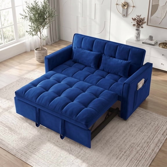 Gewnee 55" Sofa Bed, Convertible Sleeper Sofa & Pull Out Couch, 3-in-1 Velvet Loveseat with Adjustable Backrest, Blue
