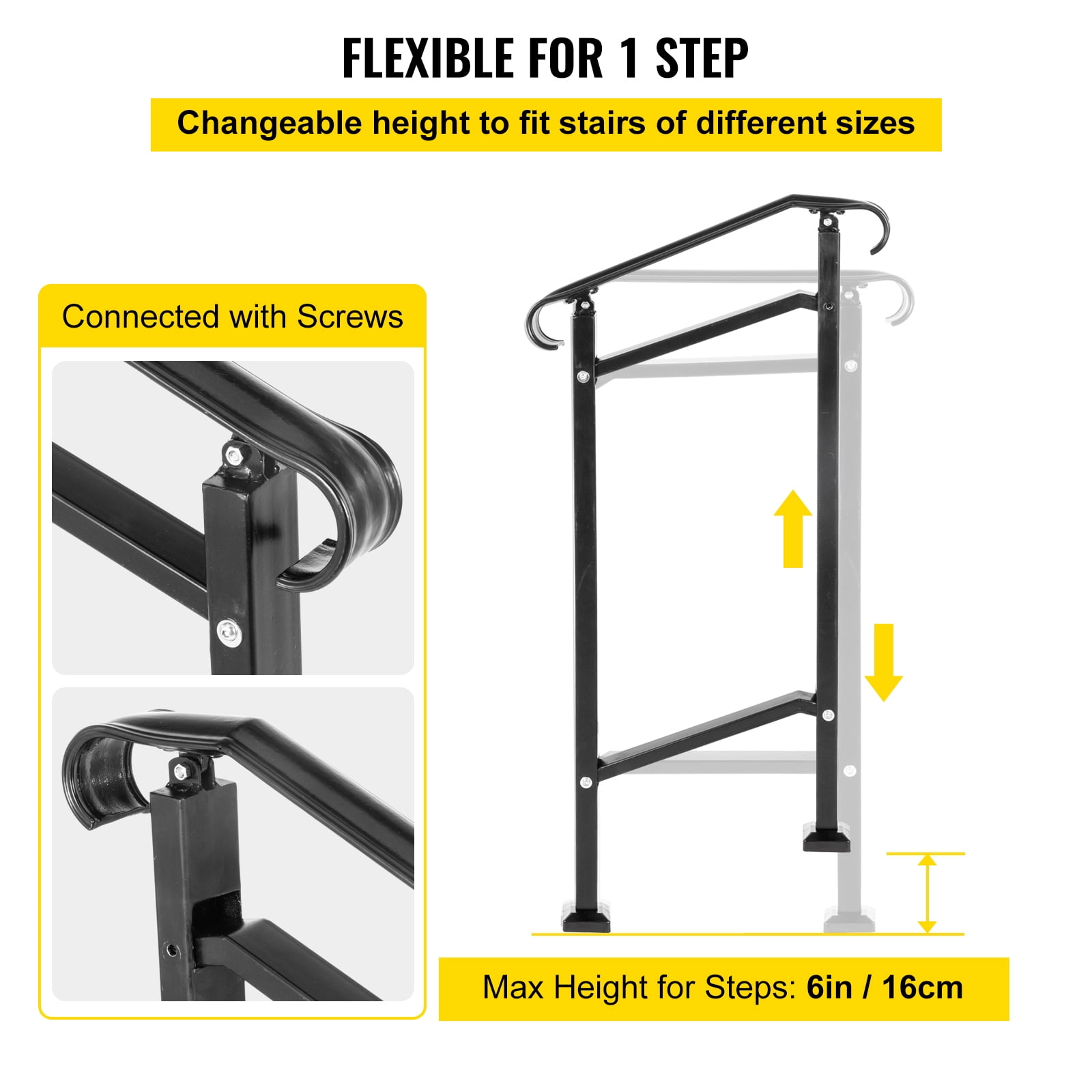 BENTISM Wrought Iron Handrail Stair Railing Fit 1 Step Adjustable Hand Rail