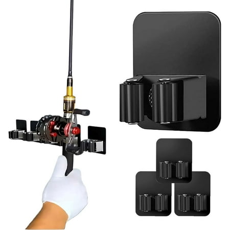 4 Pack Fishing Rod Holders Self-Adhesive Wall Mounted Fishing Rods Rack Fishing Pole/Nets Holders Storage Organizer for Garage Tool Room Black
