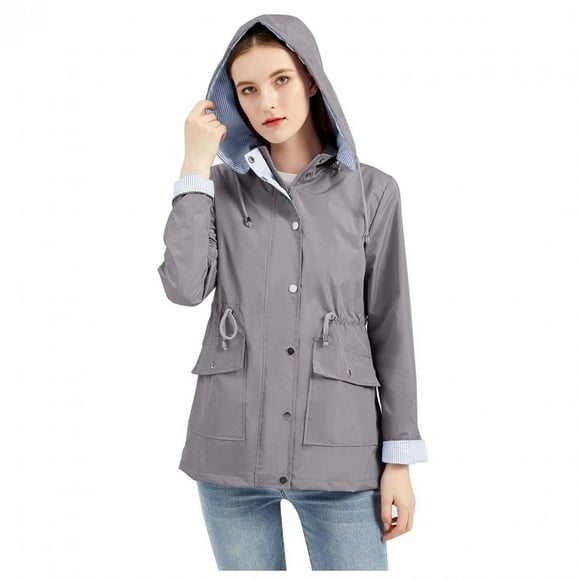 Womens Solid Color Rain Waterproof With Removable Hoodies Casual Lightweight Windbreaker Outdoor Walking Coat