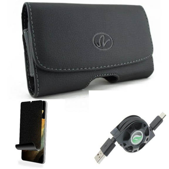 Case Belt Clip & Privacy Screen Protector & USB Cable for Samsung Galaxy S22 Plus (S22 ) - Combo Leather Swivel Holster & TPU Film (Fingerprint) Anti-Peep & Retractable Type-C Charger