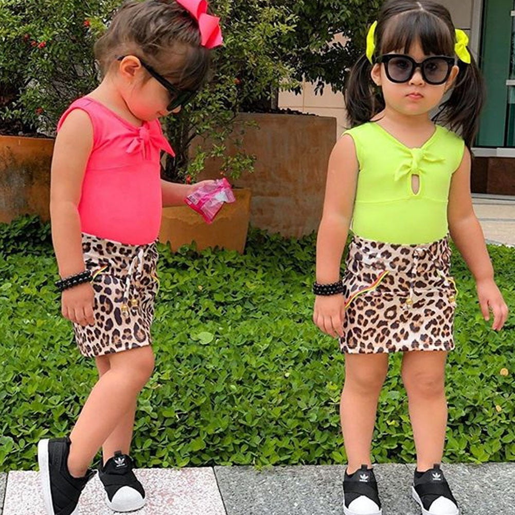 Toddler Kid Baby Girls Short Sleeve Top T-Shirt Leopard Skirts Mini Dress 2Pcs Summer Casual Outfits