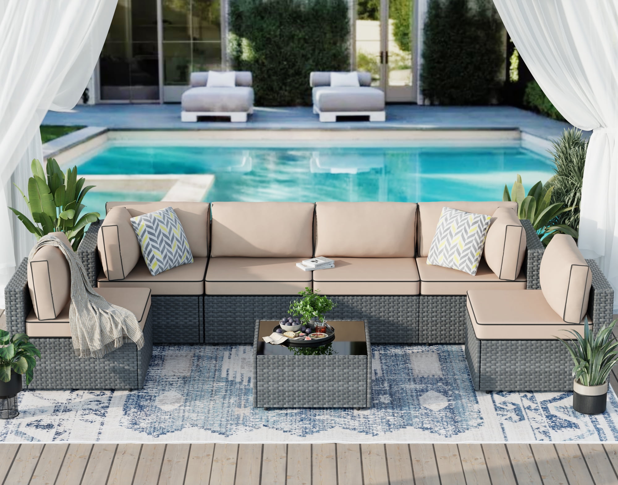 Walsunny 7 Pieces Patio Conversation Set, All-Weather Silver Rattan Wicker Patio Furniture Sets with 6 Chairs and 1 Coffee Table, Washable Couch Cushions,Khaki
