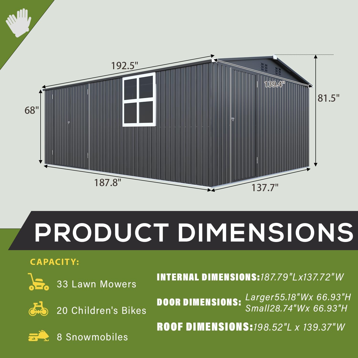 YODOLLA 16 x 12 Ft Metal Outdoor Storage Shed with Side & Front Doors & Windows, Large Steel Tool Shed for Garden, Patio, Backyard in Dark Grey