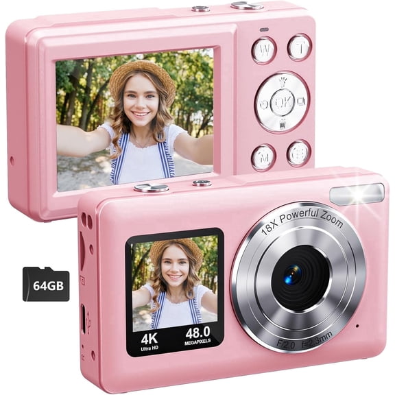 Digital Camera, 4K 48MP Dual Screens Camera, 18X Zoom, Portable Small Point and Shoot Digital Cameras with 64GB TF Card, 2 Rechargeable Batteries, Gifts for Kids, Teens, Adult, Mothers Day Gifts