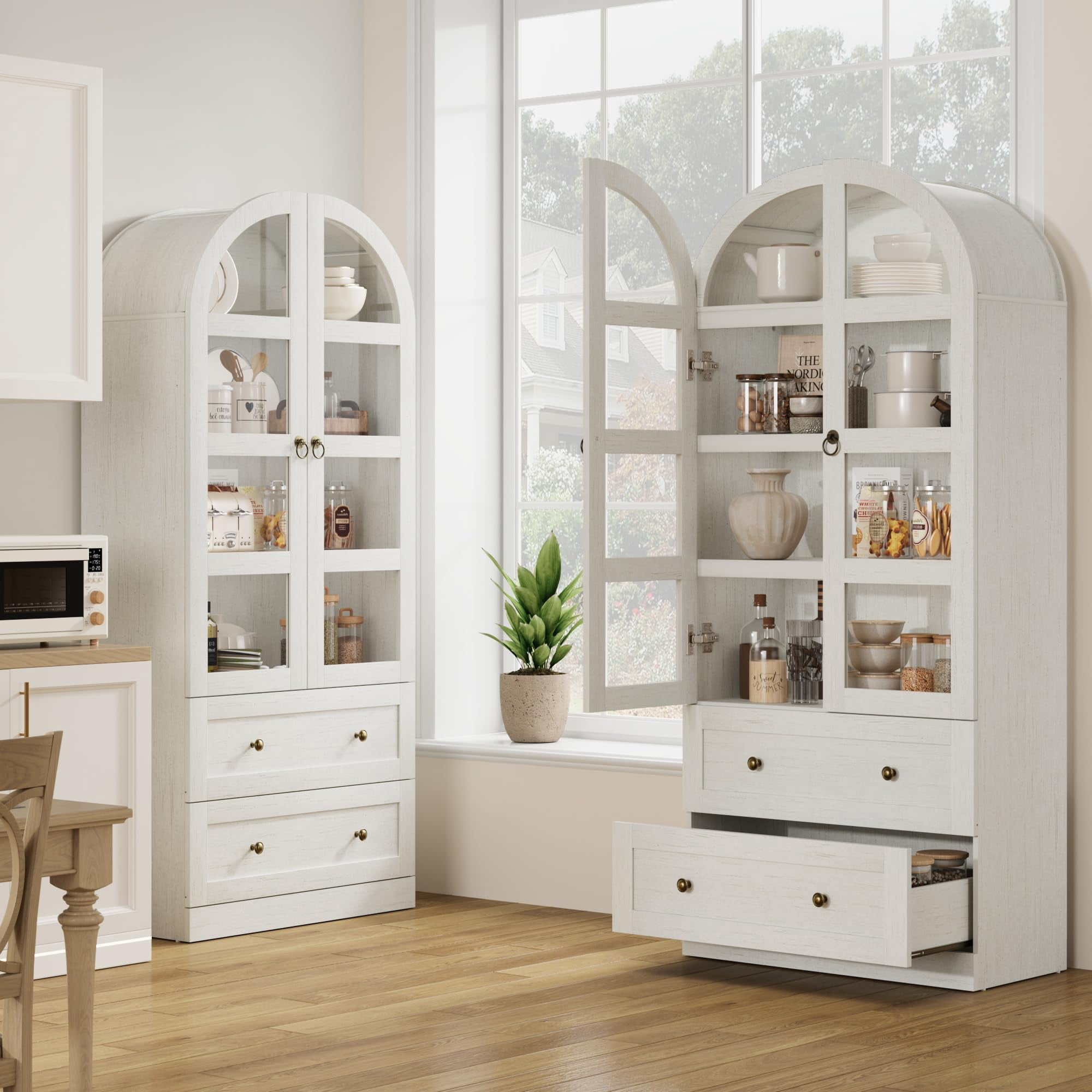 COZONY 72" Tall Arched Kitchen Pantry Cabinet, Farmhouse Wooden Storage with 2 Drawers & Wood Doors, Freestanding Buffet for Dining & Living Room,Antique White