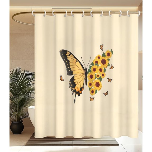 Yellow Butterfly And Sunflower Shower Curtain 71x71 Inches Fabric Bathroom Decor with Hooks