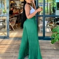 thumbnail image 4 of Olyvenn Women's Fashion Summer Casual Solid Chiffon Pockets Elastic Waist Full Length Long Pants Double Layer Crinkle Wide Leg Pants Trousers Flare Trousers Green 6, 4 of 7