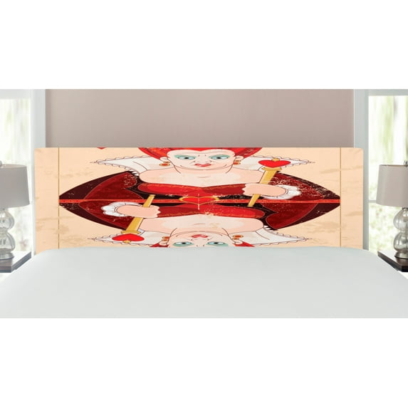 Alice in Wonderland Headboard, Queen Cards Playing Alice Character in Fictional Print, Upholstered Decorative Metal Bed Headboard with Memory Foam, King Size, Red Brown Ecru, by Ambesonne