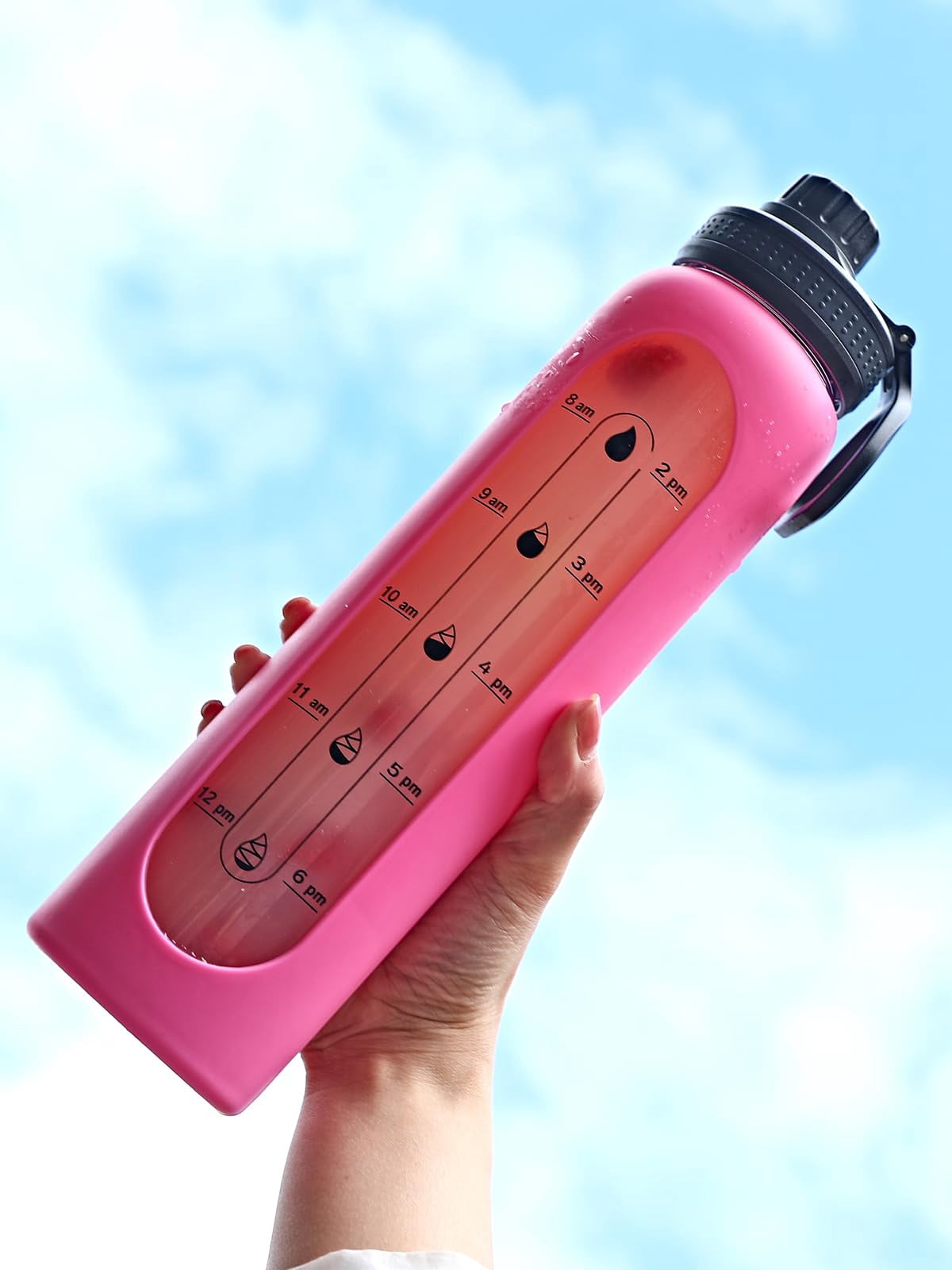 Glass Water Bottles 32oz with Silicone Sleeve Drinking Hydration Bottles Reusable Borosilicate Wide Mouth Motivational Water Flask Canteen with Time Marker Spout Lid and Brush