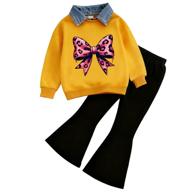 Caqnni Girl Lightweight Pullover Soft Polo Neck Sweatshirt and Flowy Flare Pants Two-Piece Comfort Set for Spring and Fall(Hot Pink,5-6 Years)