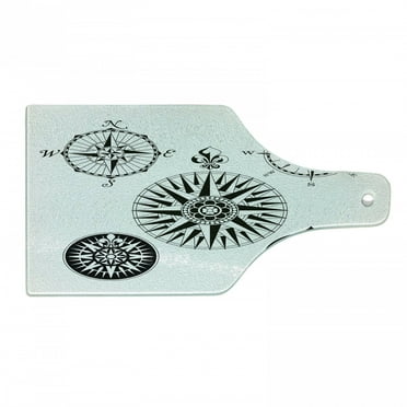 Compass Cutting Board, Highly Detailed 5 Windroses Compass Angles Directions Navigation in the Sea, Tempered Glass Cutting and Serving Board, Wine Bottle Shape, Black and White, by Ambesonne
