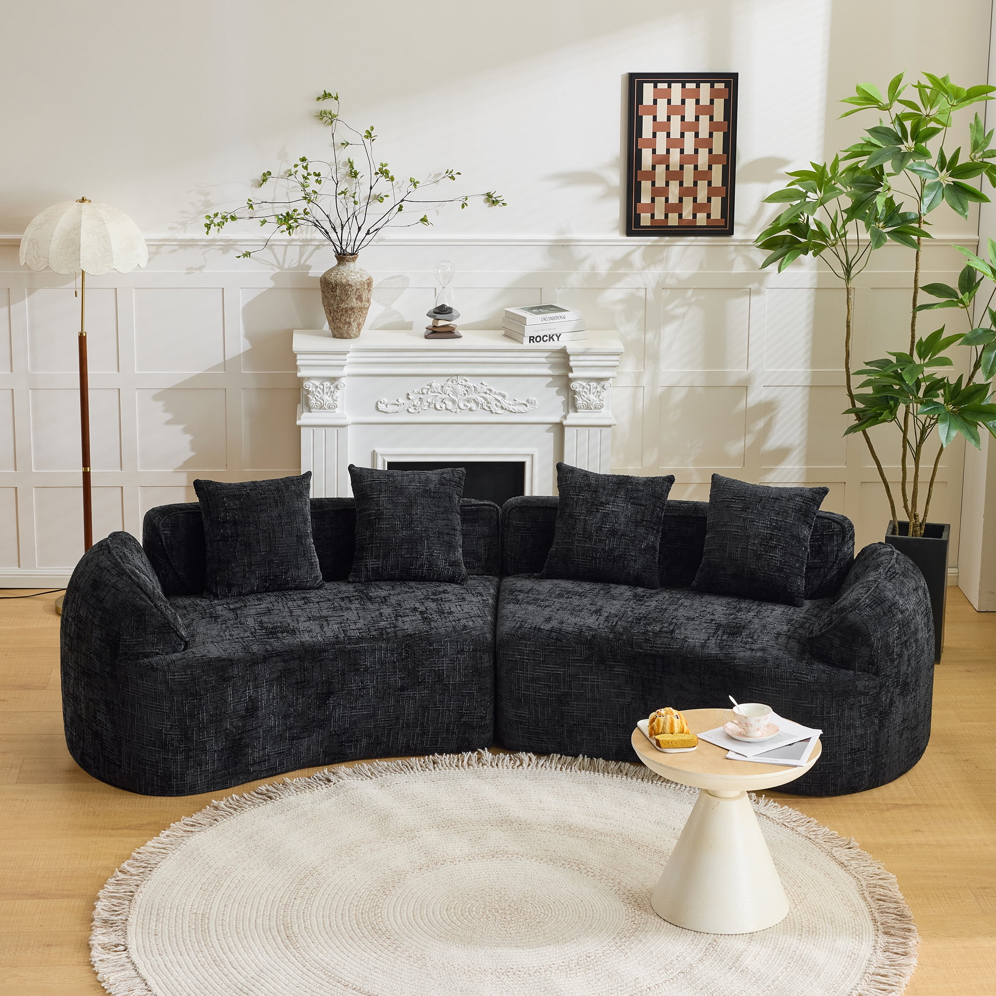 MAYEERTY 4-Seat Curved Compressed Sectional Sofa, Upholstered Cloud Modular Couch with Throw Pillows, No Assembly for Living Room Apartment Small Spaces