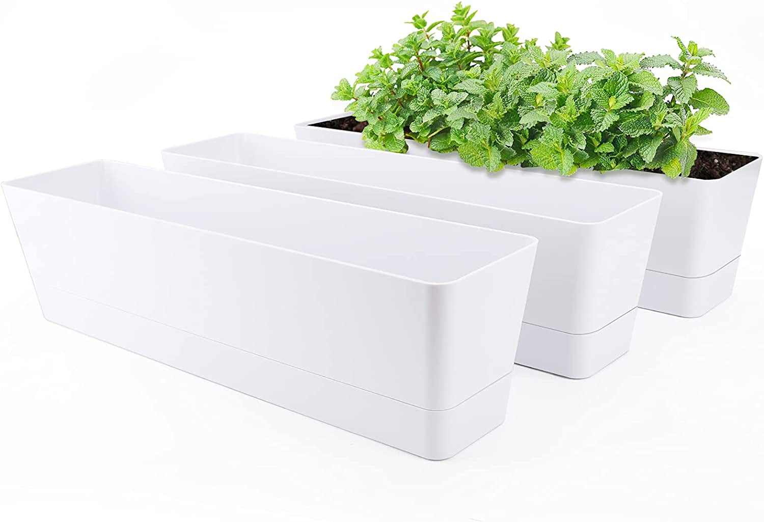 Herb Planter with Tray, 1 Pack 12x3.8 Inch Rectangle Window Box, Indoor Succulent Flowers Succulent Plastic Pot for Windowsill, Garden, Balcony, Office Outdoor Decoration - White