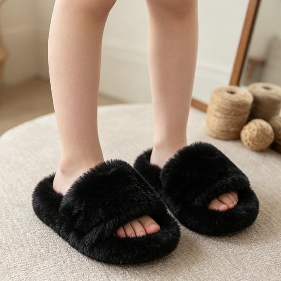 Kids Fluffy Slide Sandals Wide Fuzzy Strap Slippers Thick Platform Sole Comfortable Open Toe House Shoes Non Indoor Outdoor Footwear for Girls Boys