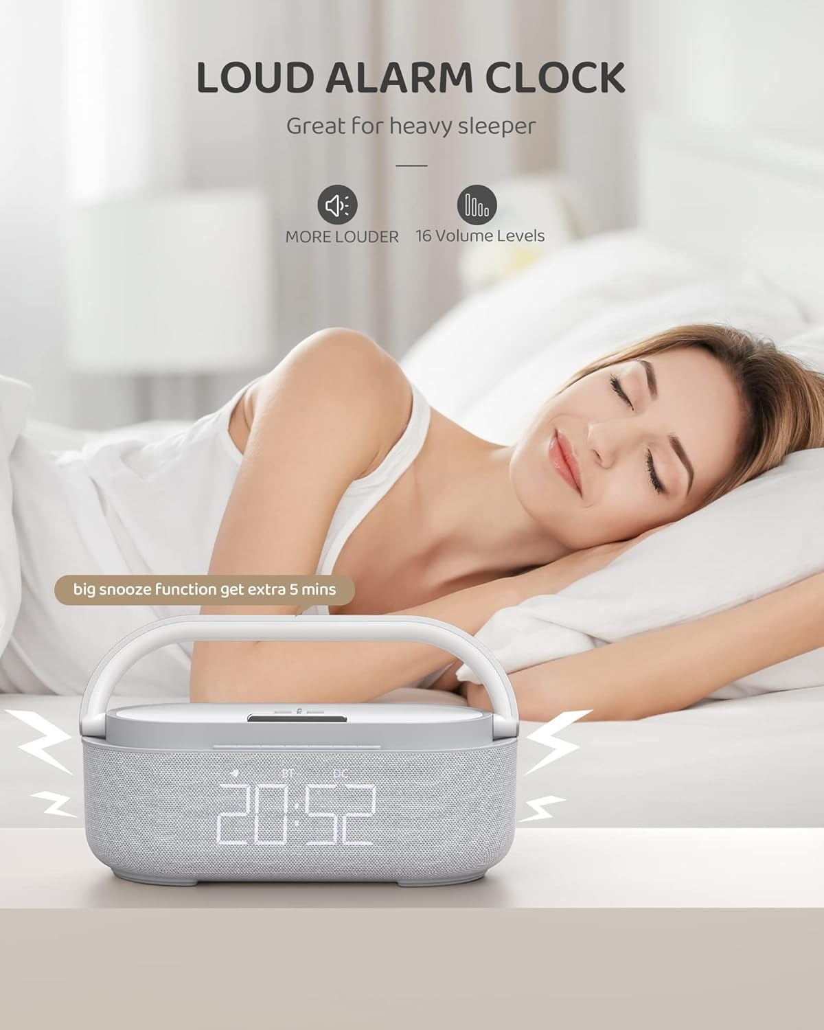 6-in-1 Wireless Charger Bluetooth Speaker with Alarm Clock, FM Radio & Night Light for iPhone + 18W Adapter Gray