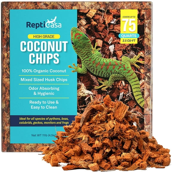 ReptiCasa Organic Coconut Chips Expandable Substrate Block for Reptiles, Snakes, Tortoise, and Amphibians, Natural Fiber Free Husks, Clean Breeding and Bedding Flooring, Odor Absorbing, up to 75 Quart
