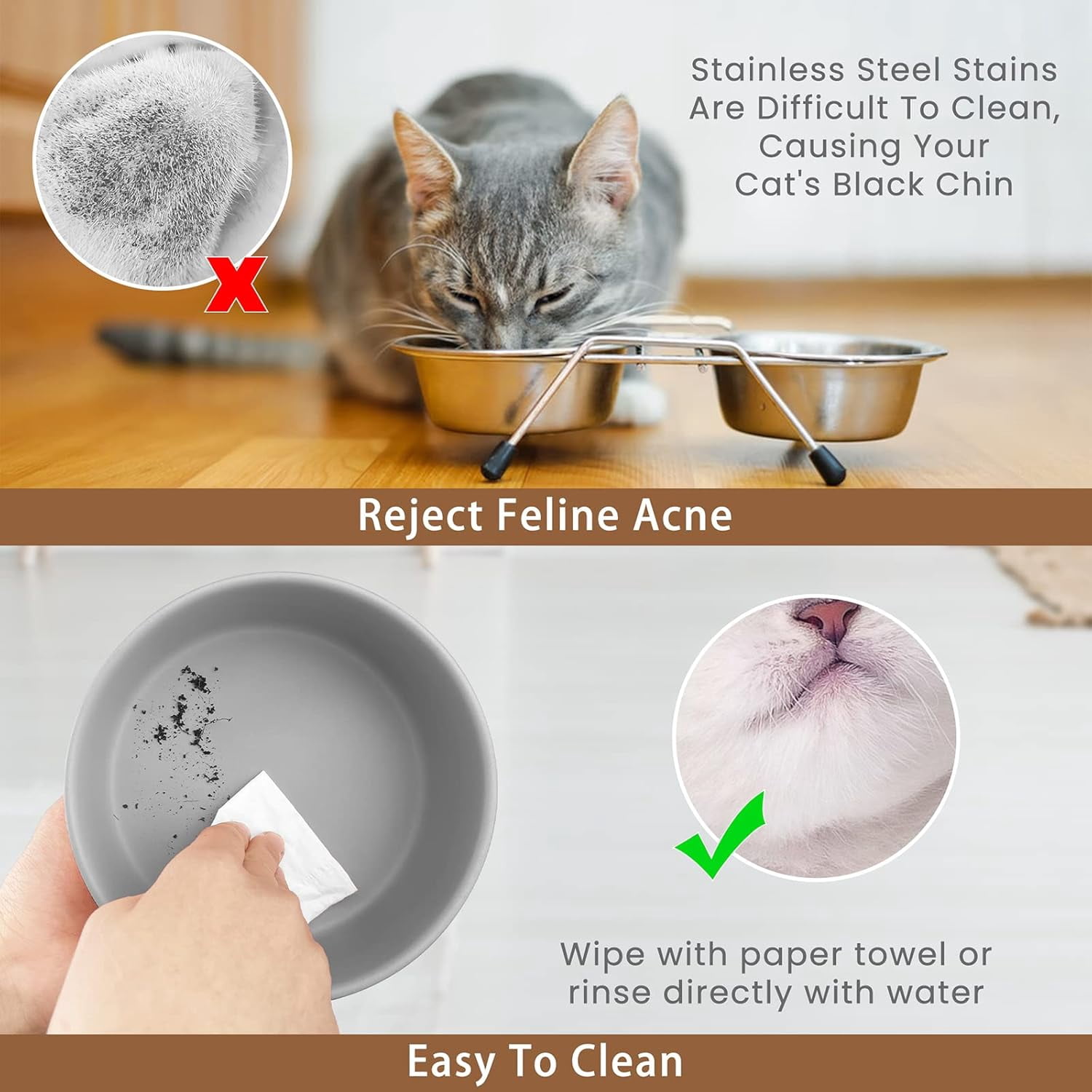 Ceramic Dog Bowls,Dog Bowl Set With Acacia Wood Stand - 13.5oz Ceramic Puppy Bowls For Small Dogs, Dual Food And Water Bowls With Weighted Non-Slip Base