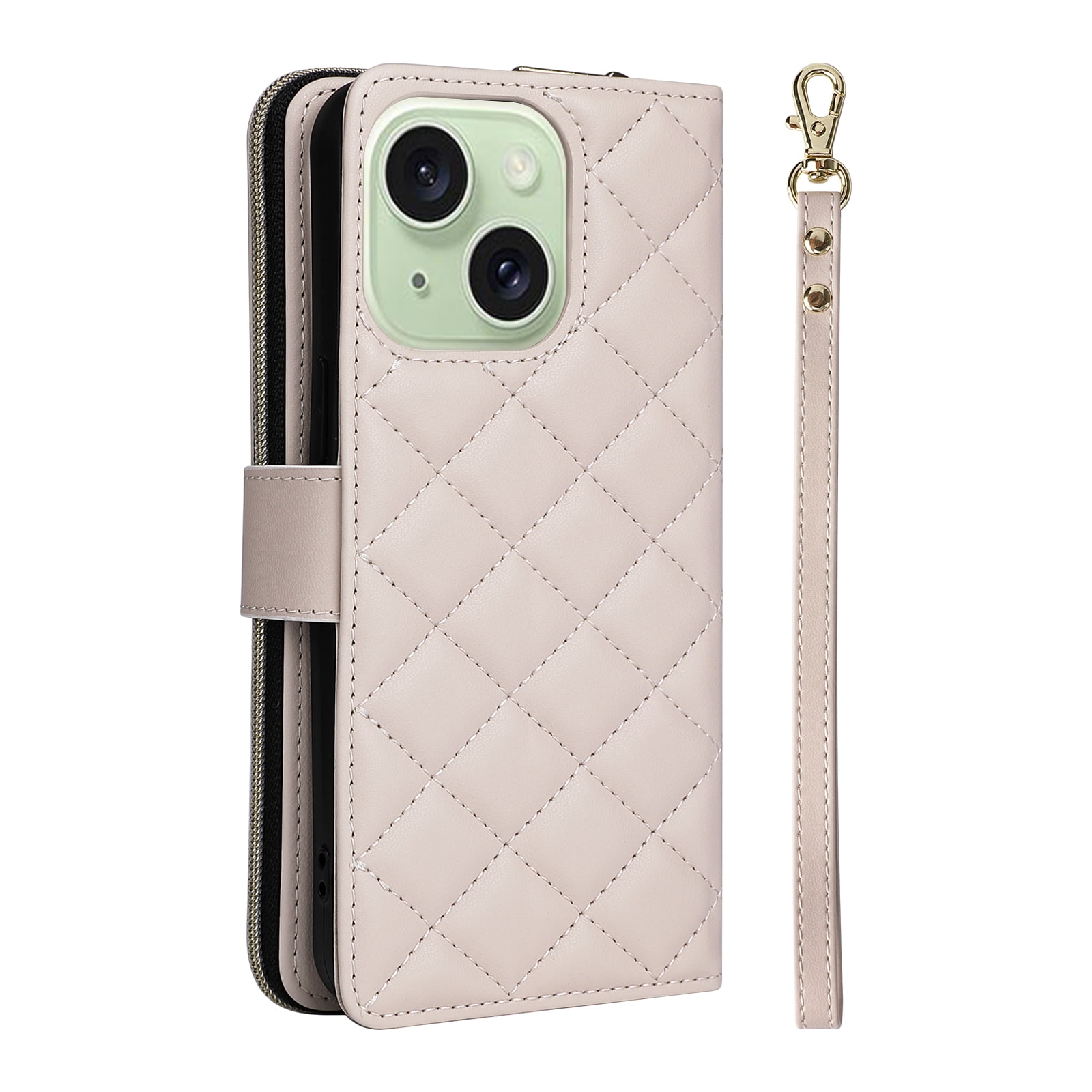 Allytechgroup Credit Card Slot RFID Blocking Shoulder Strap Lanyard Shockproof Leather Wallet Flip Stand Cell Phone Case for Apple iPhone 15, Beige
