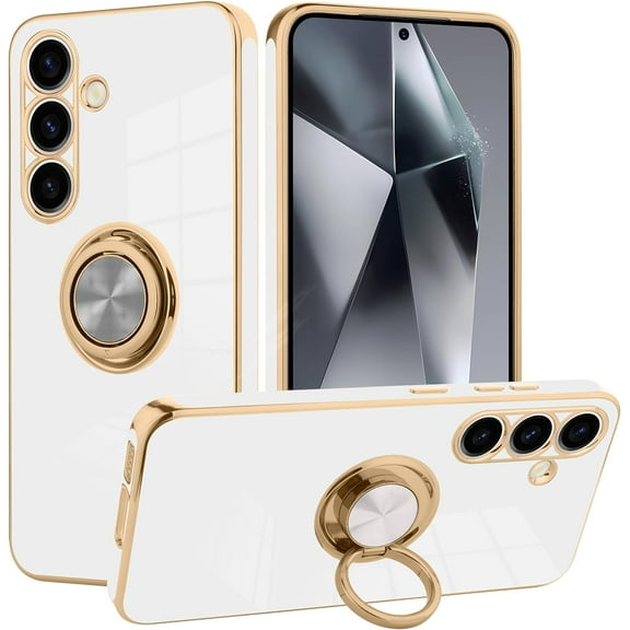 Galaxy S24 Case with Phone Ring Stand Full Body Protection Plated Rose Gold Edge Luxury Case for Samsung Galaxy S24-White