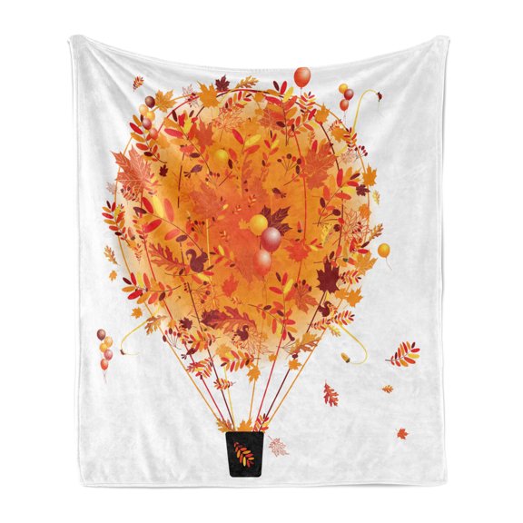 Fall Soft Flannel Fleece Throw Blanket, Autumn Season Concept Air Balloon with Leaf Adventure Travel, Cozy Plush for Indoor and Outdoor Use, 50" x 60", Dark Orange Ruby, by Ambesonne