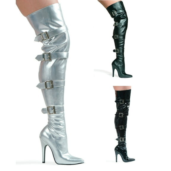 Ellie Shoes E-511-Buckleup 5" Heel Stretch Womans Thigh Boot with Buckles & Inner zipper. 11 / Black