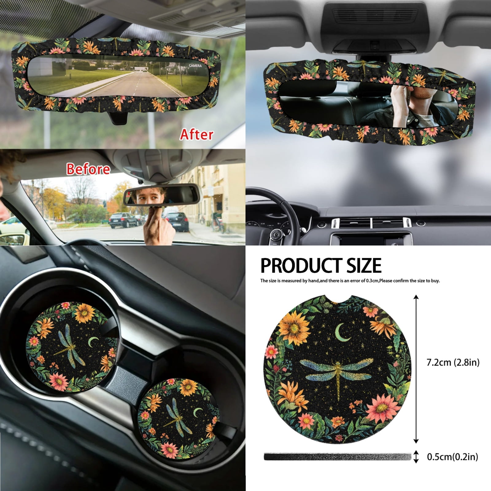 Jeiento Dragonfly Car Seat Cover Set 14 PCS with Steering Wheel Cover Seat Belt Pads Waste Basket Bin Flowers Rearview Mirror Cover Cup Holder Center Console Cover Handbrake Cover Gear Shift Cover