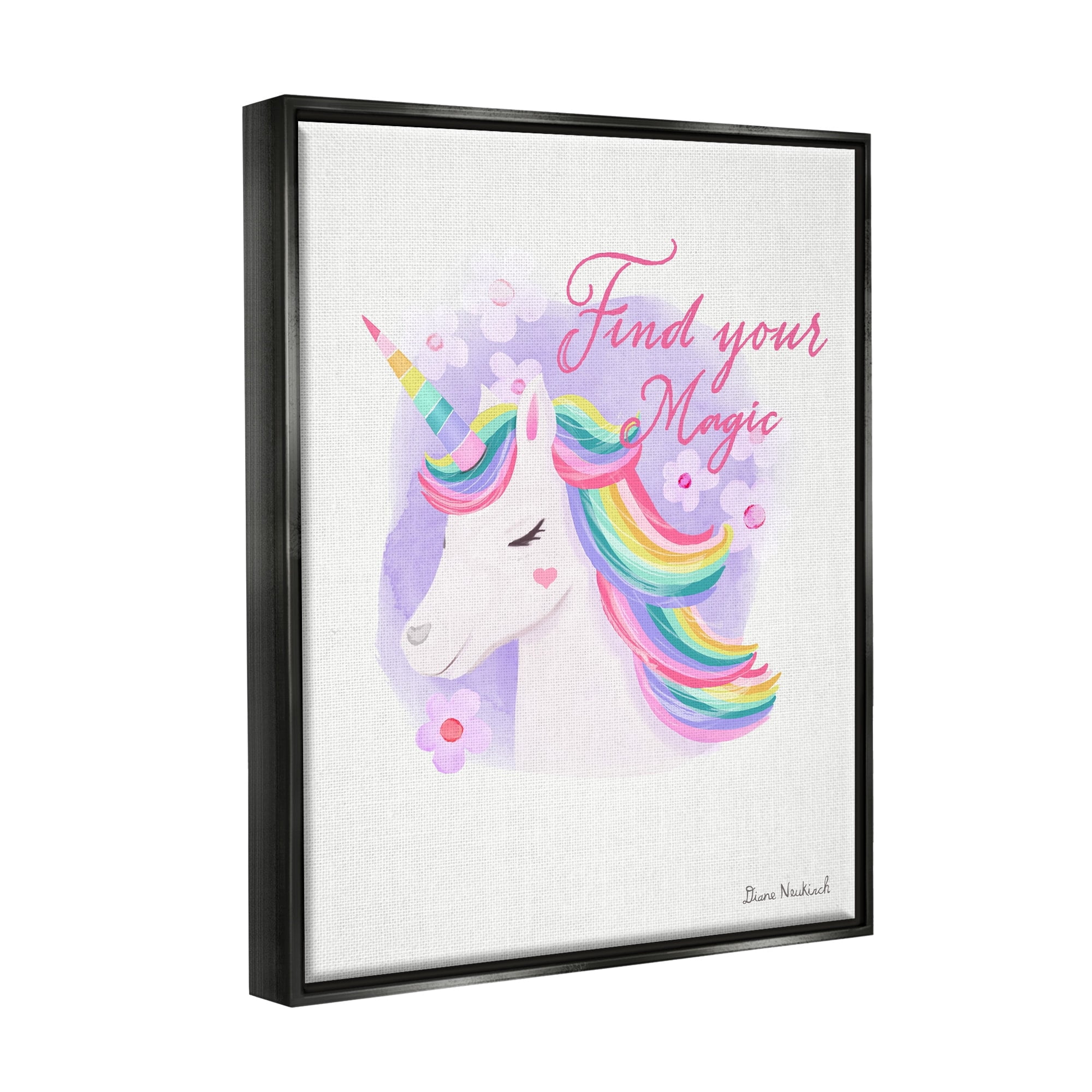 Stupell Industries Find Your Magic Bold Rainbow Floral Unicorn Mane Graphic Art Jet Black Floating Framed Canvas Print Wall Art, Design by Diane Neukirch
