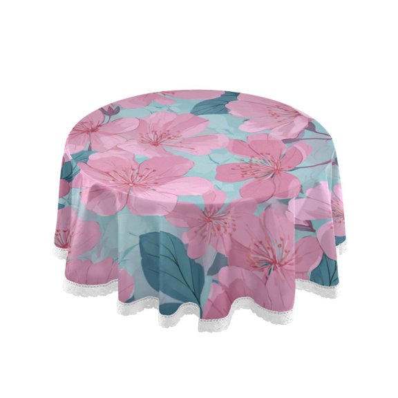 Round Single Sided Printed Tablecloth, 60 Inch Polyester Round Table Cover with White Lace Trim, Wrinkle Resistant Decorative Table Cloth for Home Pink Flowers Butterfly Art