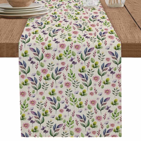 nqOlkjepod Pink Purple Leaves Table Runner 36 Inches Long Farmhouse Dress Scarves, Pastoral Botanical Wildflowers Beige Dining Tablerunner for Coffee Table/Kitchen Island/Party Décor, Small 13"x36"