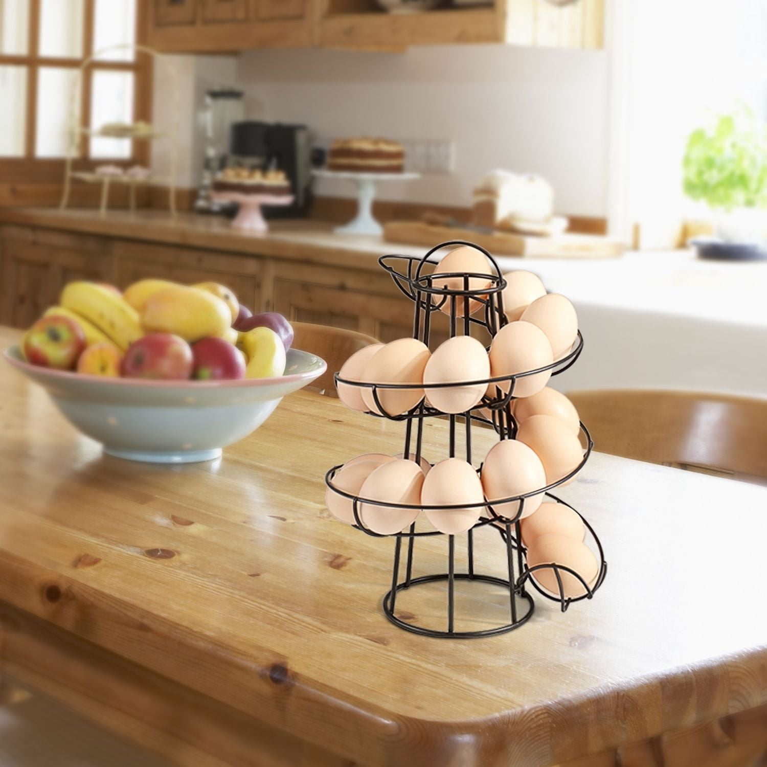 Egg Skelter Deluxe Modern Spiraling Dispenser Rack (Medium) - Chrome Plated Freestanding Wire Chicken Egg Storage Organizer Display Holder Basket for Countertop Kitchen, Black